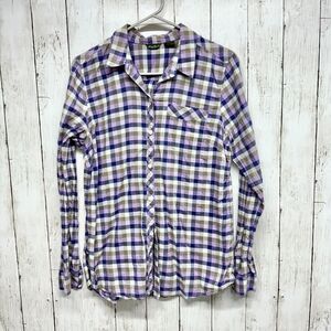 Eddie Bauer Shirt Women Medium Purple Pink Plaid Flannel Long Sleeve Hike Cotton